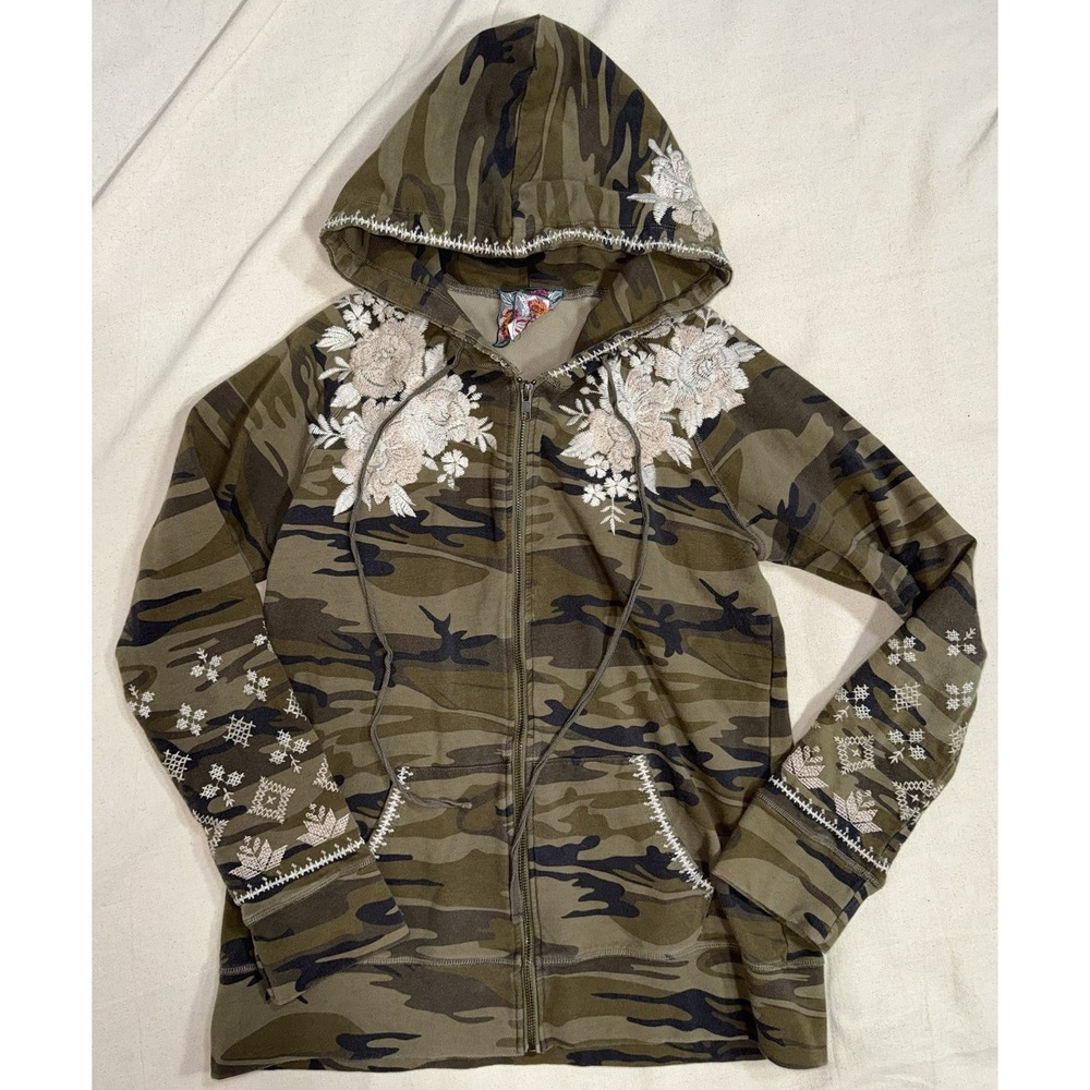 Johnny Was Camo Zip Floral Embroidered Hoodie Women's Sz M Boho Cottagecore